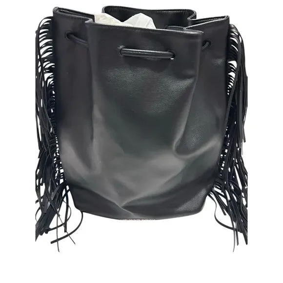 Victoria’s Secret Black Drawstring Fringed Backback Tote Faux Leather NWOT - Picture 7 of 11